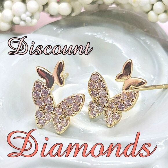 Butterfly Shaped Light Pink Crystal Earrings 14K Gold on 925 Sterling Silver - Picture 1 of 5